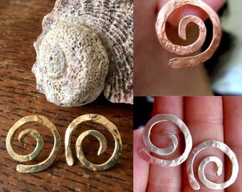 Small ancient spiral, spiral post, small spiral earrings, rugged spiral, copper spiral earring, bronze spiral, sterling spiral, swirl post