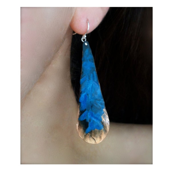 Patina Feather Drop earrings with sterling silver ear wires