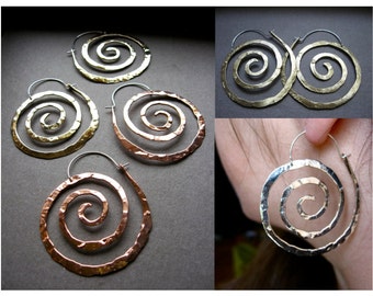 Lg spiral hoop, ancient spiral, spiral jewelry, spiral earrings, sacred spiral, textured hoops, artisan jewelry, light weight hoops, goddess