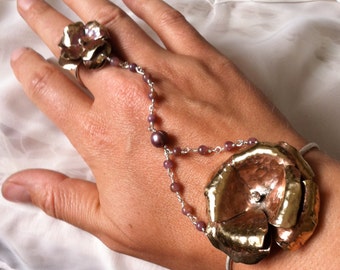 Camellia bangle bracelet and ring set on sterling silver - adjustable