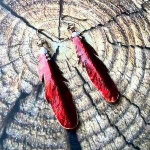 Sm Cardinal feather earrings, feather earrings, cardinal earrings, red bird, cardinal jewelry, red bird jewelry, sympathy gift, bird lover