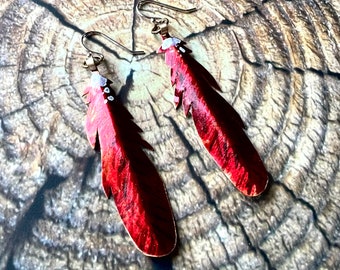 Sm Cardinal feather earrings, feather earrings, cardinal earrings, red bird, cardinal jewelry, red bird jewelry, sympathy gift, bird lover