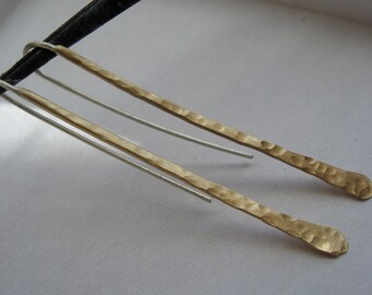 Md - Lg Long hammered curved stick ear wire in copper, bronze or sterling with sterling ear wires