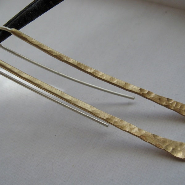 Md - Lg Long hammered curved stick ear wire in copper, bronze or sterling with sterling ear wires