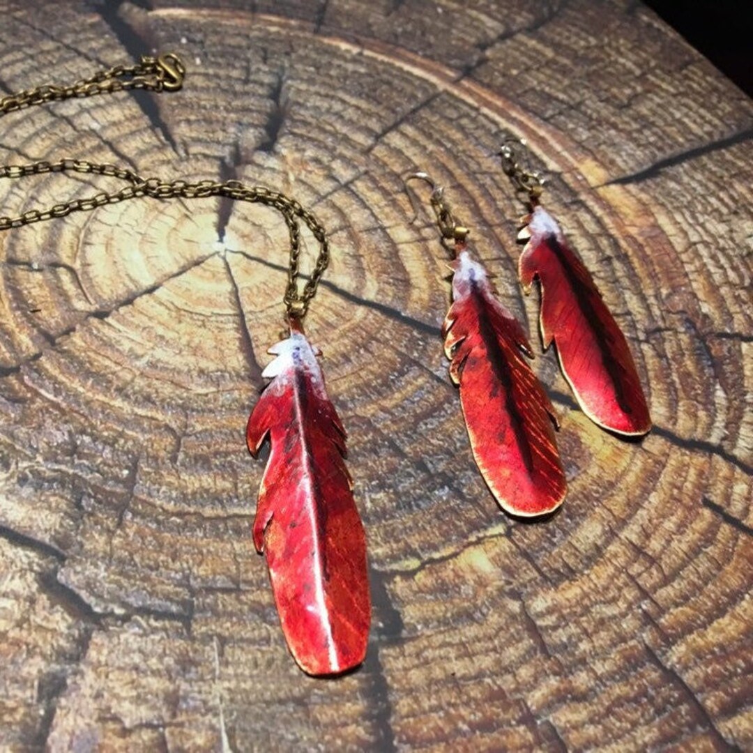 Cardinal Feather Set, Feather Necklace, Red Bird Jewelry, Cardinal