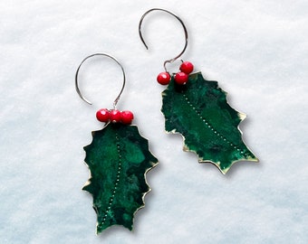 Holly leaf earrings, holly berries, christmas earrings, yule gift, winter solstice gift, winter witch, holly jewelry, holly earrings, holly