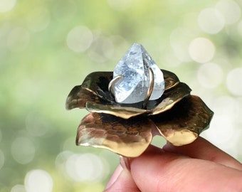 Apophyllite flower statement ring in bronze and sterling. Adjustable band