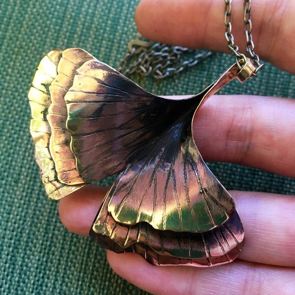 Triple ginkgo pendant in bronze or copper  w/ black patina