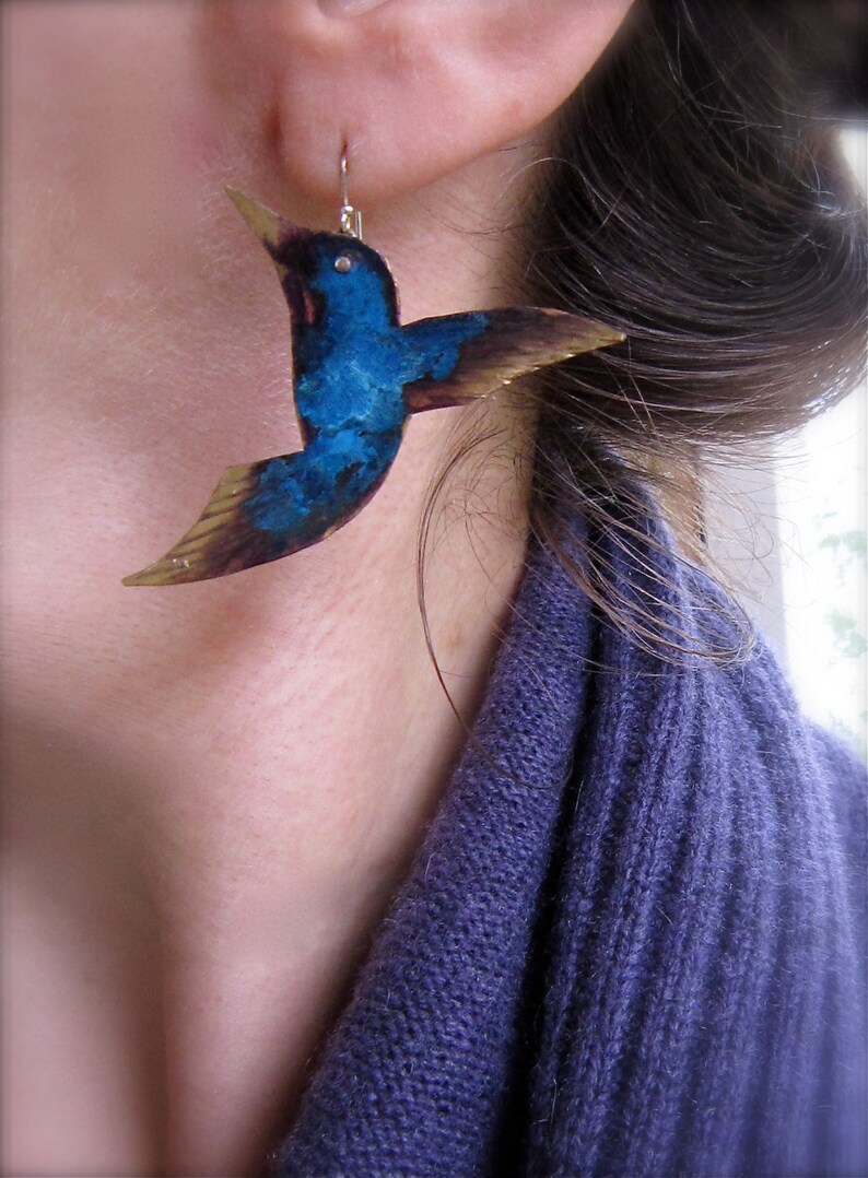 Hummingbird earrings, life sized hummingbird, hummingbird jewelry, bird lover gift, hummingbird attractor, artisan jewelry, bird jewelry, image 1