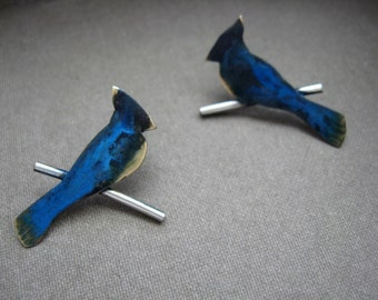 Tiny blue jay on a branch in bronze with patina on sterling silver post - earrings