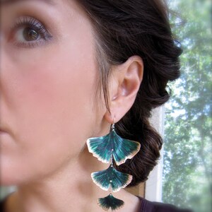 Ginkgo earrings, dangle leaf jewelry, botanical jewelry, leaf jewelry, ginkgo jewelry, statement earring, nature lover gift, artisan jewelry Emerald