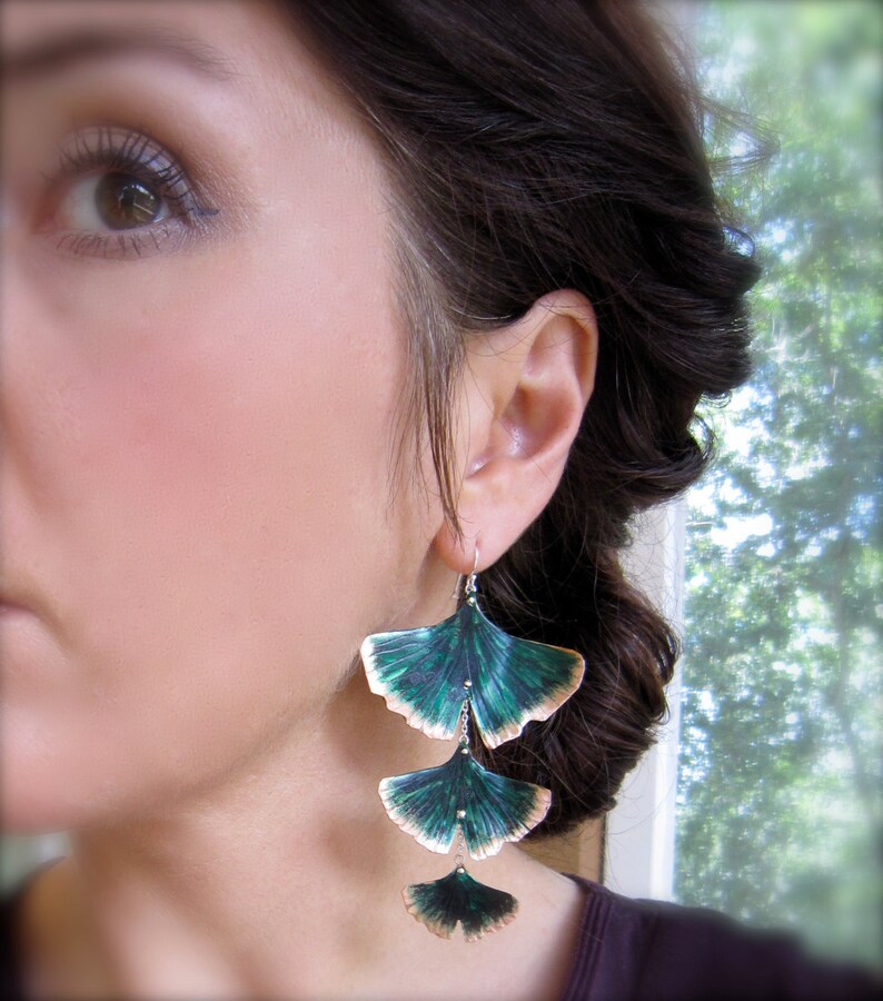 Ginkgo earrings, dangle leaf jewelry, botanical jewelry, leaf jewelry, ginkgo jewelry, statement earring, nature lover gift, artisan jewelry Emerald