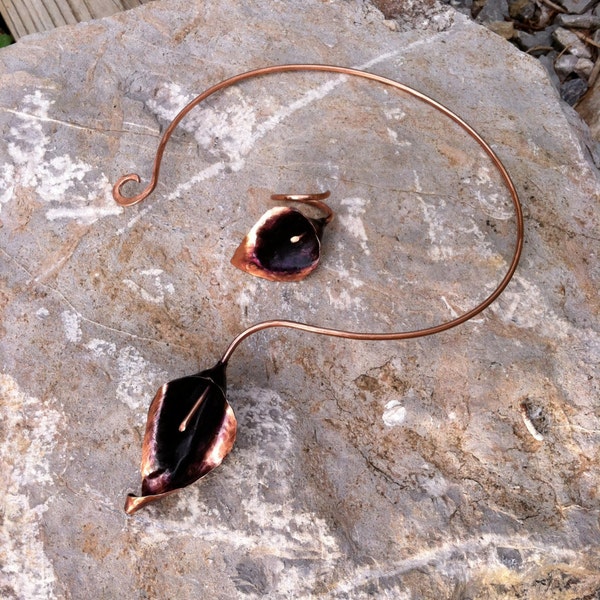 Single Curled lily collar in patina copper or bronze