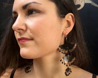 3 tier ginkgo earrings with jet swarovski crystal, chandelier earrings, ginkgo earrings, ginkgo jewelry, nature lover, statement earrings