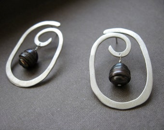 Small Sterling Oval Swirl  in Copper, Bronze or Sterling - Ear wire or Post Earrings