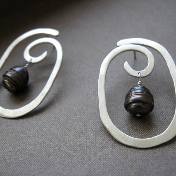 Small Sterling Oval Swirl  in Copper, Bronze or Sterling - Ear wire or Post Earrings