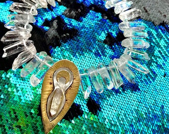 Crystal goddess statement necklace, quartz crystal goddess necklace, bronze and sterling crystal jewelry, healing crystal jewelry, empower