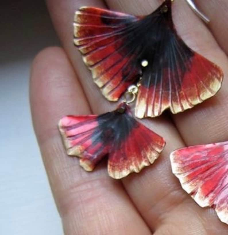 Ginkgo earrings, dangle leaf jewelry, botanical jewelry, leaf jewelry, ginkgo jewelry, statement earring, nature lover gift, artisan jewelry Jet over Ruby