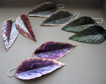 Lg - Sm Patina Long Leaf earrings in copper or bronze with sterling silver ear wires