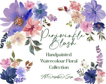 Watercolour Floral Clipart - Periwinkle Blush Floral Collection - Periwinkle Flowers - Blush - Wedding Clipart -  bouquets