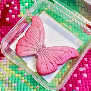 Puede incluir: Un objeto rosa con forma de mariposa con reflejos iridiscentes descansa sobre papel blanco dentro de un recipiente de plástico transparente. La mariposa tiene patrones de alas detallados y una superficie texturizada.