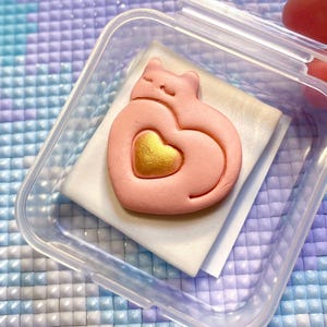 Puede incluir: Un dije rosa con forma de gato con un corazón dorado en el centro, apoyado sobre un cuadrado blanco dentro de un recipiente de plástico transparente. El dije tiene una textura suave y probablemente está hecho a mano. El fondo es un mosaico de cuadrados azules y morados.