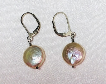 Handmade Freshwater Coin Pearl Earrings - Pierced Sterling Silver