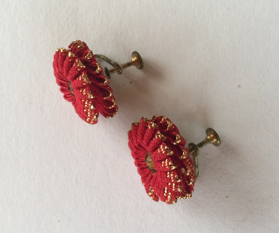 Vintage Earrings - Red Rick Rack with Rhinestone … - image 2