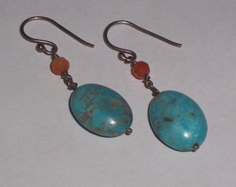 Handmade Turquoise and Carnelian Drop Pierced Earrings - Sterling Silver Ear Wires Southwestern Theme
