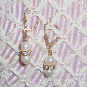 Handmade Freshwater Pearl Earrings with Rhinestone Rondells - Pierced