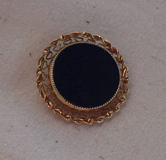 Vintage Black and Gold Brooch or Pin with Glass S… - image 2