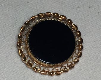Vintage Black and Gold Brooch or Pin with Glass Stones