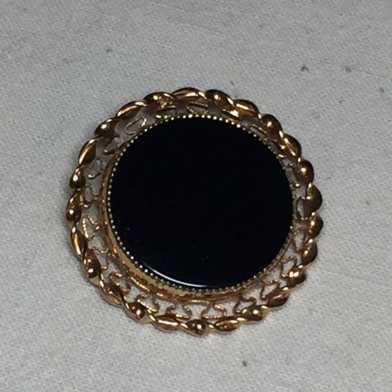 Vintage Black and Gold Brooch or Pin with Glass S… - image 1