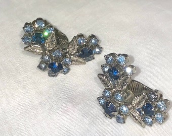 Vintage Earrings with Shades of Blue Rhinestones - Clip Ons