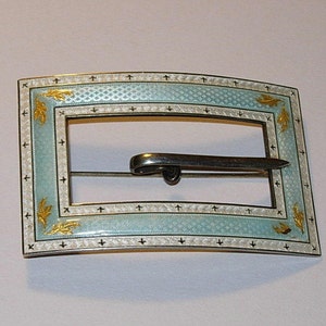 Large Antique Enamel and Sterling Belt Sash Buckle - Brooch