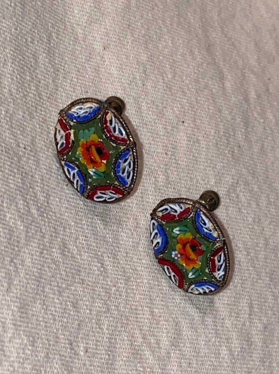 Vintage Micro Mosaic Glass Earrings - Screw backs… - image 1