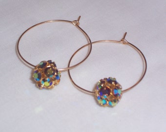 Aurora Borealis Rhinestone Ball Earrings - Gold Filled Hoops
