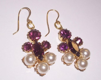 Upcycled 1950s Faux Pearl and rhinestone Earrings - Pierced