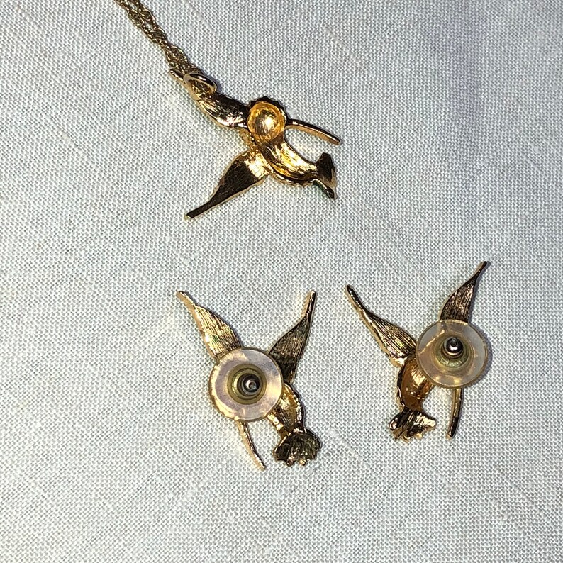 Vintage Hummingbird Pierced Earrings and Necklace Set Green Enamel Estate Jewelry