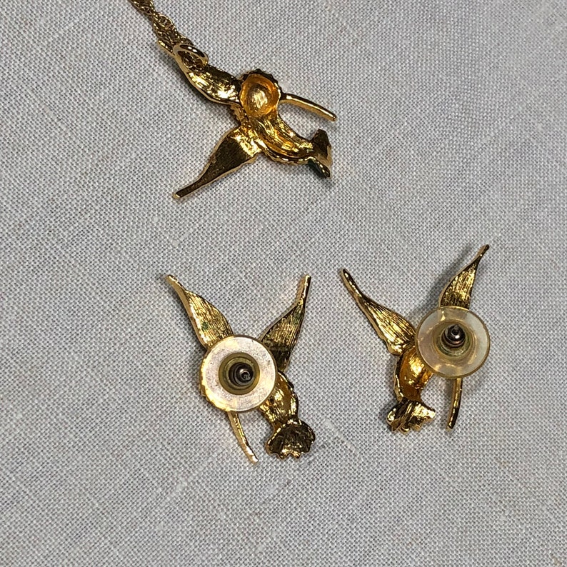 Vintage Hummingbird Pierced Earrings and Necklace Set Green Enamel Estate Jewelry