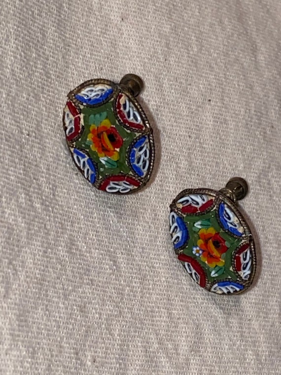 Vintage Micro Mosaic Glass Earrings - Screw backs… - image 5