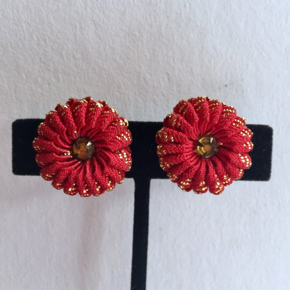 Vintage Earrings - Red Rick Rack with Rhinestone … - image 1