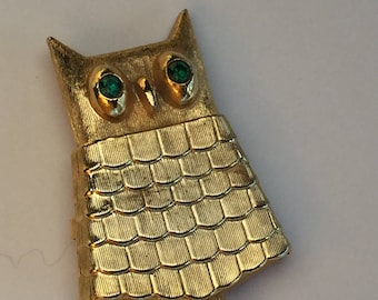 Vintage Owl  Brooch or Pin with Rhinestone Eyes