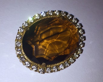 Vintage Signed Miriam Haskell Gold Brooch with Glass Stones and Rhinestones