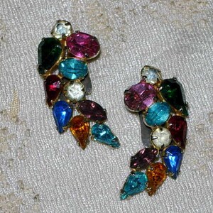 Vintage Earrings with Multi Color Rhinestones - Clip Ons