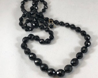 Handknotted Black Glass Bead Necklace Graduated Beads