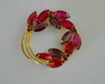 Vintage Brooch with Red and Purple Rhinestones