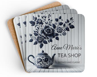 Personalized Tea Shop Coasters | Custom Corkwood Coaster Set | Monogrammed Drink Coasters | Gift for Tea Lovers | Home Decor Accent |