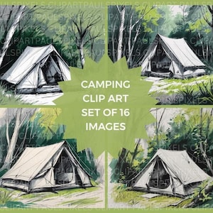 Lot de cliparts de camping | Lot de 16 Images Clipart | Clipart de camp de tentes | Clipart forêt | Clipart stationnaire | Images POD | Lot de cliparts |