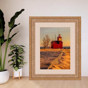 Big Red Lighthouse Digital Download | Holland Harbor Lighthouse Printable | Lake Michigan Winter Sunset Photography | Beach Coastal Art |
